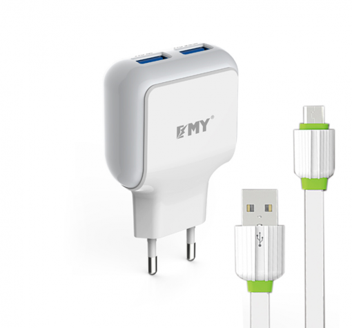 Универсално зарядно устройство / Fast Charge EMY MY-220 220V с 2 USB порта и Micro USB кабел 2.4А за Samsung , Apple , LG , HTC , Sony, Nokia, Huawei , ZTE, BlackBerry и др. - бяло