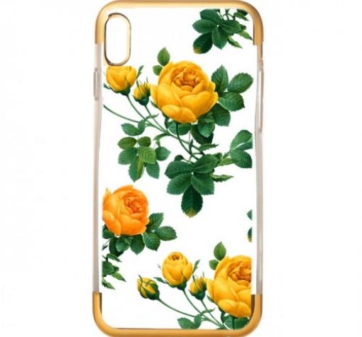 Силиконов калъф / гръб / TPU за Apple iPhone X / iPhone XS - жълти рози / златист кант
