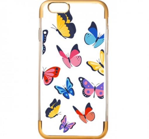 Силиконов калъф / гръб / TPU за Apple iPhone 6 / iPhone 6S - пеперуди / златист кант