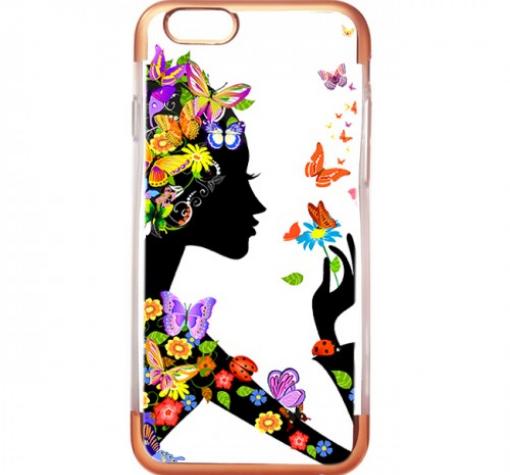 Силиконов калъф / гръб / TPU за Apple iPhone 7 / iPhone 8 - момиче с пеперуди / Rose Gold кант