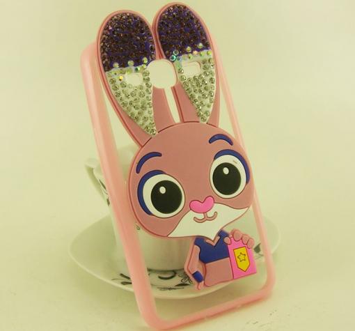 Луксозен твърд гръб 3D с камъни и силиконов кант за Samsung J3 - Zootropolis / розов / лилави ушички
