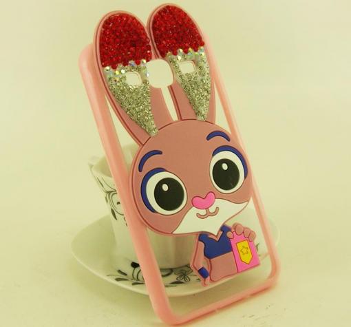 Луксозен твърд гръб 3D с камъни и силиконов кант за Samsung J3 - Zootropolis / розов / червени ушички