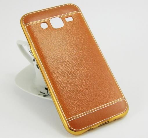 Луксозен силиконов калъф / гръб / TPU за Samsung J5 J500 - кафяв / имитиращ кожа / златист кант