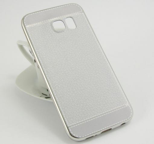 Луксозен силиконов калъф / гръб / TPU за Samsung S6 Edge G925 - сив / имитиращ кожа / сребрист кант