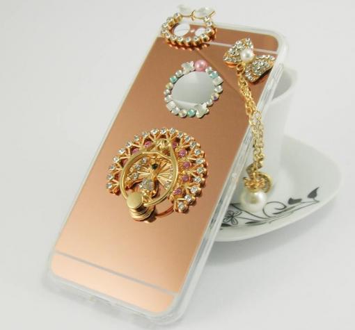 Луксозен силиконов калъф / гръб / TPU с камъни и стойка за Apple iPhone 7 - Rose Gold / огледален