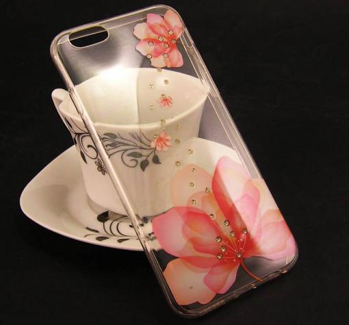 Луксозен силиконов калъф / гръб / TPU с камъни за Apple iPhone 6 / iPhone 6 - прозрачен / розови цветя