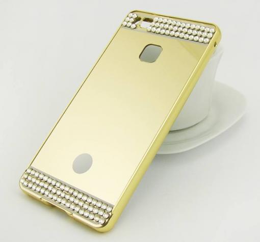 Луксозен алуминиев бъмпер с твърд гръб и камъни за Huawei Ascend P8 Lite / Huawei P8 Lite - златист / огледален