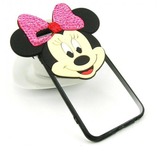 Силиконов калъф / гръб / TPU 3D с камъни за Apple iPhone 6 / iPhone 6S - прозрачен / Minnie Mouse / розова панделка