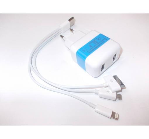 Универсално зарядно устройство 220V с два USB порта 3 в 1 за Apple iPhone / Apple iPad / Samsung Tab / Samsung - бял