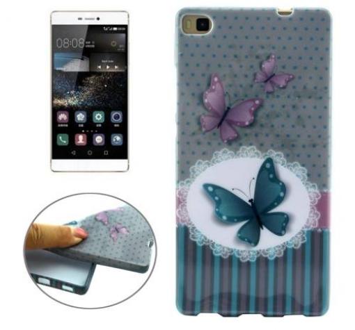 Силиконов калъф / гръб / TPU за Huawei Ascend P8 - сив / сини точки / лилави пеперуди