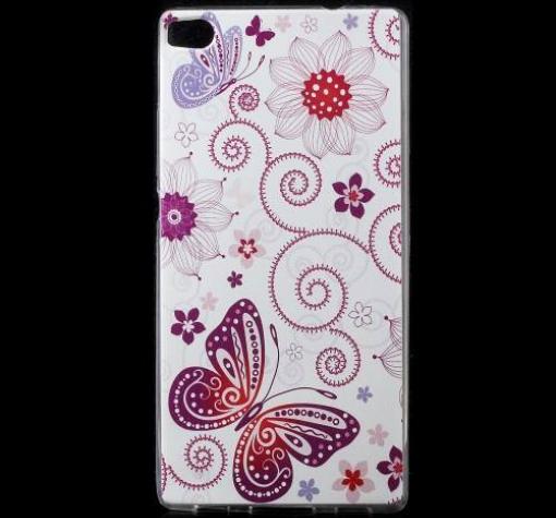 Силиконов калъф / гръб / TPU за Huawei Ascend P8 - бял / цветя и пеперуди