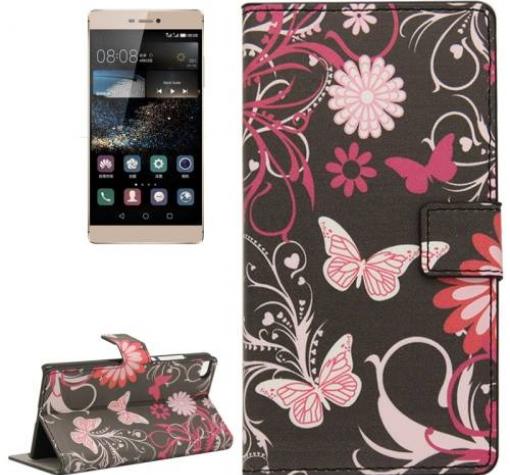 Кожен калъф Flip тефтер със стойка за Huawei Ascend P8 - черен / цветя и пеперуди