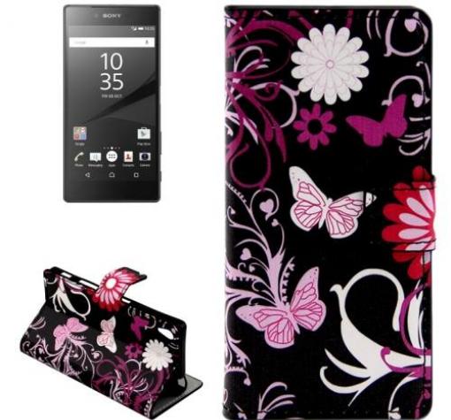 Кожен калъф Flip тефтер със стойка за Sony Xperia Z5 - черен / розови цветя и пеперуди
