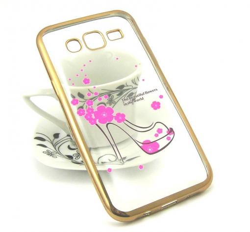 Силиконов калъф / гръб / TPU за Samsung J5 J500 - прозрачен / розова обувка / златист кант