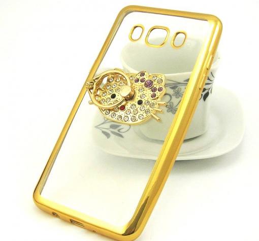 Луксозен силиконов калъф / гръб / TPU с камъни и стойка за Samsung J5 2016 J510 - прозрачен / Hello Kitty / златист кант