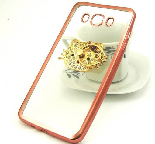 Луксозен силиконов калъф / гръб / TPU с камъни и стойка за Samsung J5 2016 J510 - прозрачен / Hello Kitty / Rose Gold кант