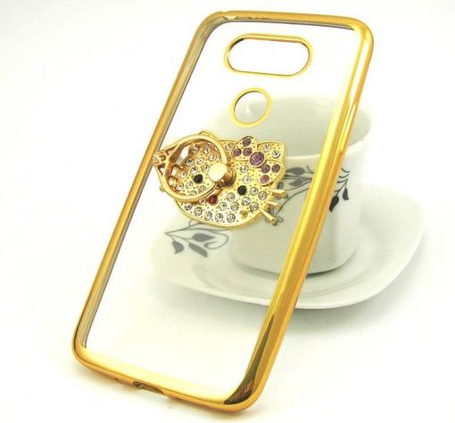 Луксозен силиконов калъф / гръб / TPU с камъни и стойка за LG G5 - прозрачен / Hello Kitty / златист кант