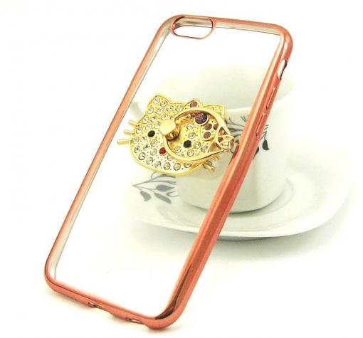 Луксозен силиконов калъф / гръб / TPU с камъни и стойка за Apple iPhone 6 / iPhone 6S - прозрачен / Hello Kitty / Rose Gold кант