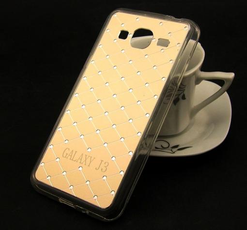 Луксозен твърд гръб със силиконов кант и камъни Anyland за Samsung J3 / J3 2016 J320 - златист / ромбове