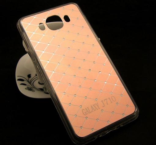 Луксозен твърд гръб със силиконов кант и камъни Anyland за Samsung J7 2016 J710 - Rose Gold / ромбове