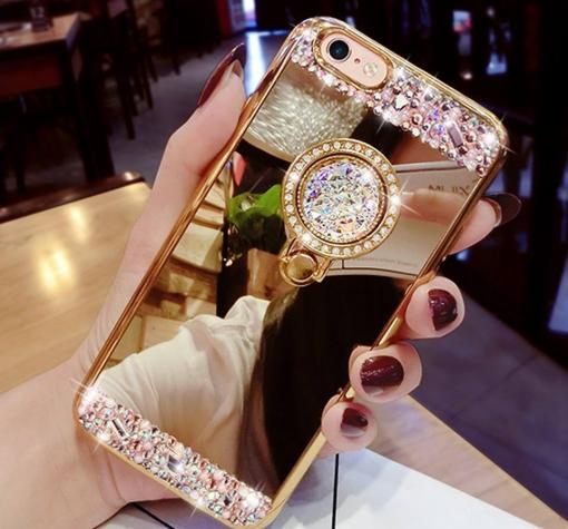 Луксозен силиконов калъф / гръб / TPU с камъни и стойка за Apple iPhone 6 / iPhone 6S - огледален / златист