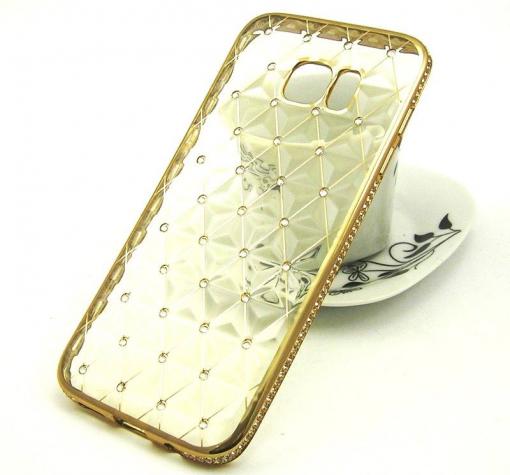 Луксозен силиконов калъф / гръб / TPU 3D с камъни за Samsung S7 Edge G935 - прозрачен / ромбове / златист кант