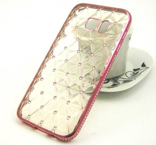 Луксозен силиконов калъф / гръб / TPU 3D с камъни за Samsung S7 G930 - прозрачен / ромбове / Rose Gold кант