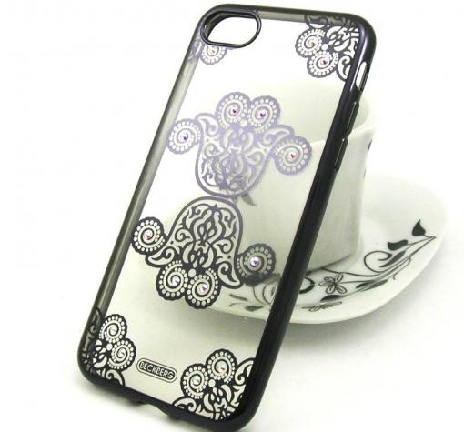 Луксозен силиконов калъф / гръб / TPU BECKBERG Golden Faith Series с камъни за Apple iPhone 7 - прозрачен / черни орнаменти