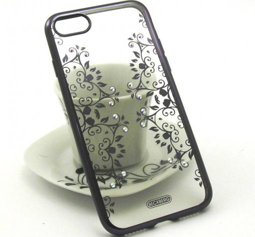 Луксозен силиконов калъф / гръб / TPU BECKBERG Golden Faith Series с камъни за Apple iPhone 7 - прозрачен / орнаменти / черен кант