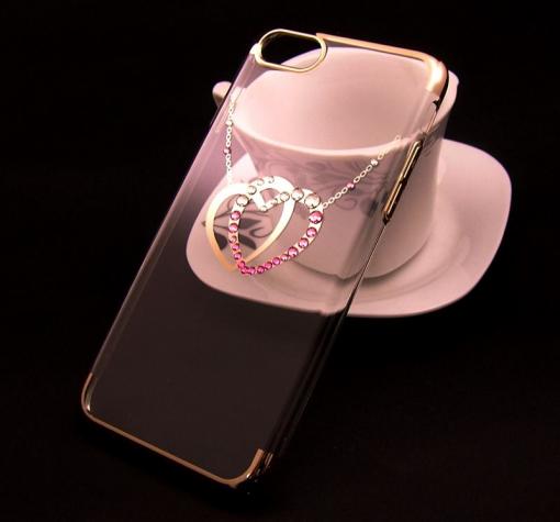 Луксозен твърд гръб KINGXBAR Swarovski Diamond за Apple iPhone 7 - прозрачен със златист кант / сърца