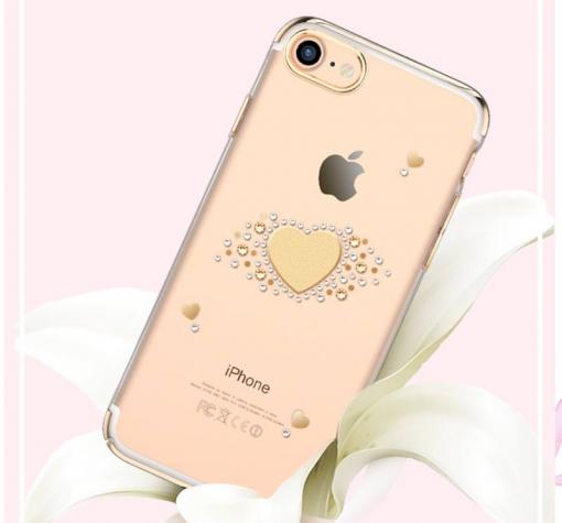 Луксозен твърд гръб KINGXBAR Swarovski Diamond за Apple iPhone 7 - прозрачен със златист кант / сърце