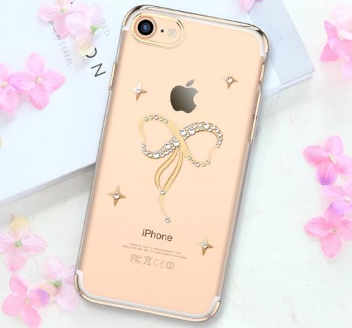 Луксозен твърд гръб KINGXBAR Swarovski Diamond за Apple iPhone 7 - прозрачен със златист кант / панделка