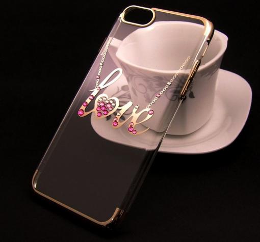 Луксозен твърд гръб KINGXBAR Swarovski Diamond за Apple iPhone 7 - прозрачен със златист кант / Love