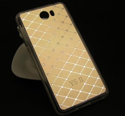 Луксозен твърд гръб със силиконов кант и камъни Anyland за Huawei Y5 II / Y5 2 / Y6 II Compact - златист / ромбове
