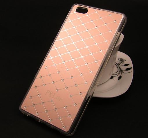 Луксозен твърд гръб със силиконов кант и камъни Anyland за Huawei Ascend P8 Lite / Huawei P8 Lite - Rose Gold / ромбове