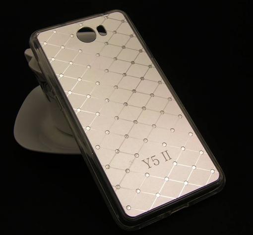 Луксозен твърд гръб със силиконов кант и камъни Anyland за Huawei Y5 II / Y5 2 / Y6 II Compact - сребрист / ромбове