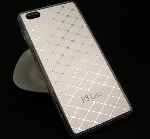 Луксозен твърд гръб със силиконов кант и камъни Anyland за Huawei Ascend P8 Lite / Huawei P8 Lite - сребрист / ромбове