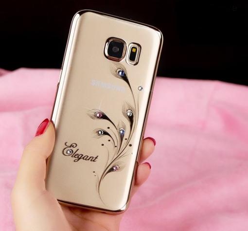 Луксозен силиконов калъф / гръб / TPU / Elegant с камъни за Samsung A5 2016 A510 - прочзрачен със златист кант / перо