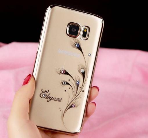 Луксозен силиконов калъф / гръб / TPU / Elegant с камъни за Samsung A5 2017 A520 - прочзрачен със златист кант / перо