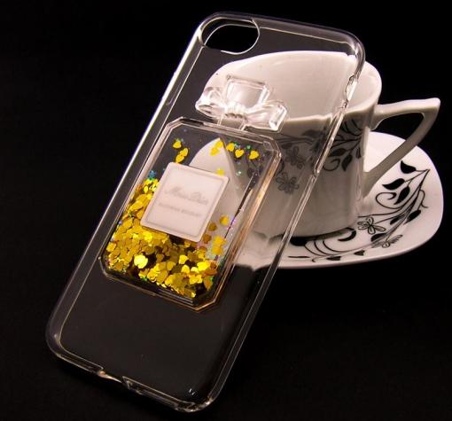 Луксозен силиконов калъф / гръб / TPU 3D за Apple iPhone 7 Plus - прозрачен / парфюм / златисти сърца