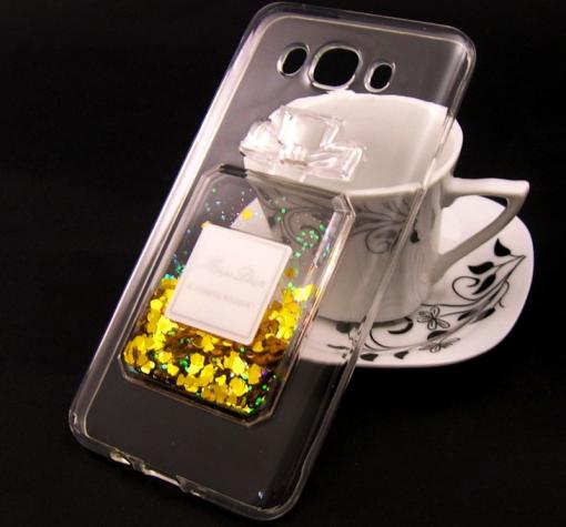 Луксозен силиконов калъф / гръб / TPU 3D за Samsung J5 2016 J510 - прозрачен / парфюм / златисти сърца
