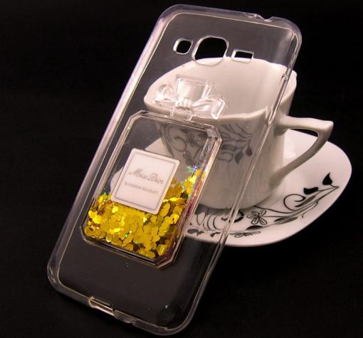 Луксозен силиконов калъф / гръб / TPU 3D за Samsung J3 / J3 2016 J320 - прозрачен / парфюм / златисти сърца