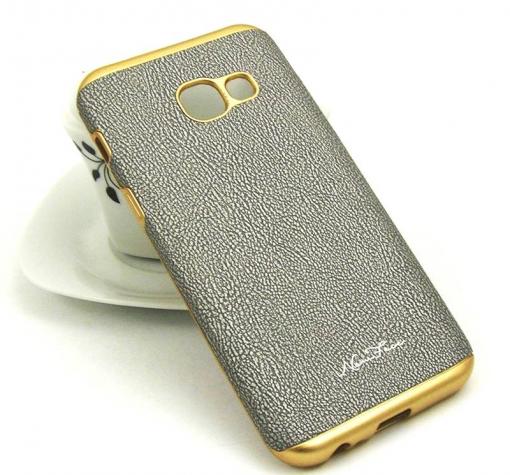 Луксозен силиконов калъф / гръб / TPU New Face за Samsung A3 2017 A320 - сребрист със златист кант / имитиращ кожа