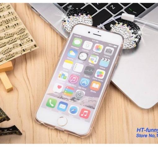 Луксозен ултра тънък силиконов калъф / гръб / TPU Ultra Thin с камъни за Apple iPhone 7 - прозрачен / черни миши ушички