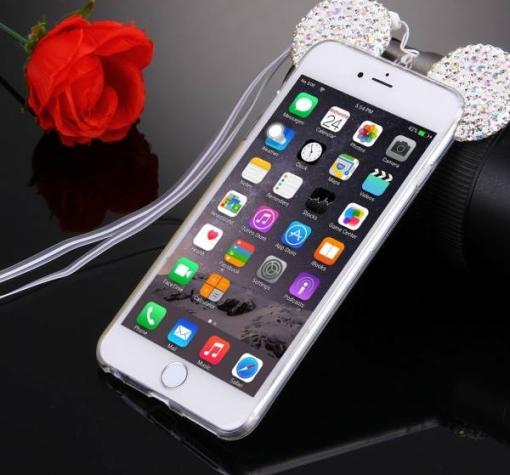 Луксозен ултра тънък силиконов калъф / гръб / TPU Ultra Thin с камъни за Apple iPhone 7 - прозрачен / сребристи миши уши