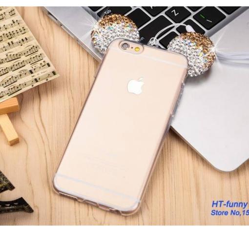 Луксозен ултра тънък силиконов калъф / гръб / TPU Ultra Thin с камъни за Apple iPhone 7 - прозрачен / златисти миши уши