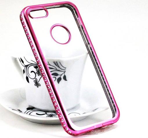 Луксозен силиконов калъф / гръб / TPU с камъни за Apple iPhone 6 / iPhone 6S - прозрачен / розов кант