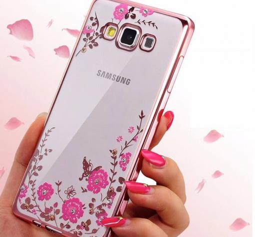 Луксозен силиконов калъф / гръб / TPU с камъни за Samsung J3 / J3 2016 J320 - прозрачен / розови цветя / розов кант