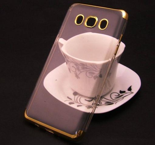 Луксозен силиконов калъф / гръб / TPU за Samsung J5 2016 J510 - прозрачен / златист кант