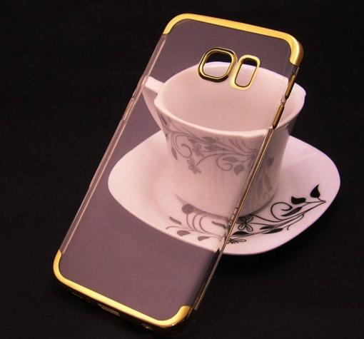 Луксозен силиконов калъф / гръб / TPU за Samsung S6 Edge G925 - прозрачен / златист кант